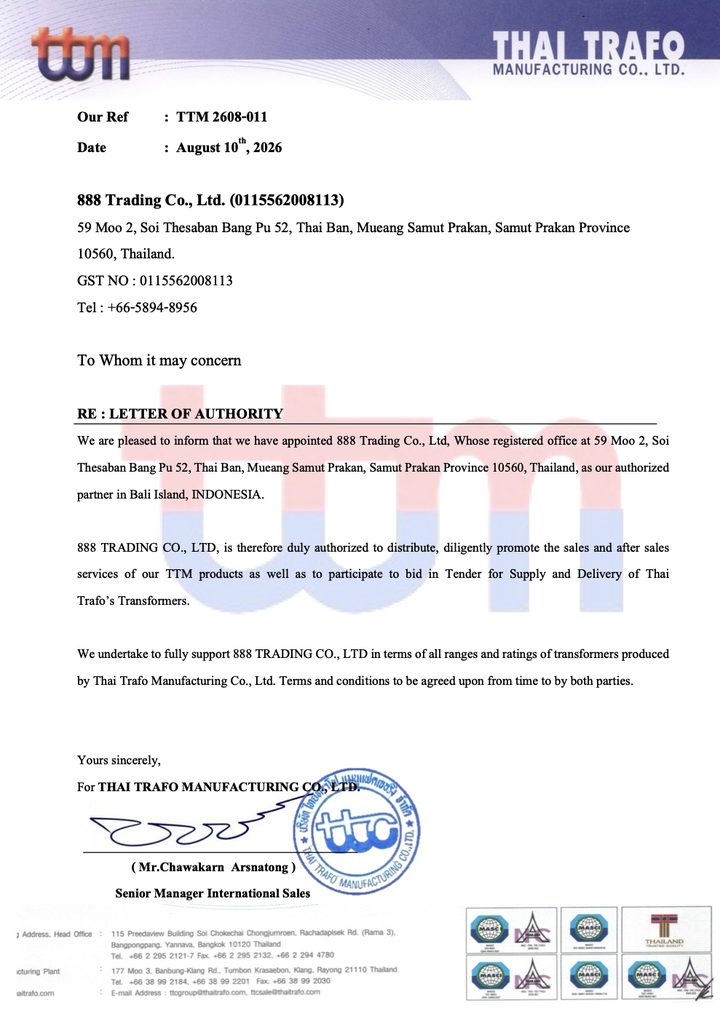 Thai Trafo Letter of Authority